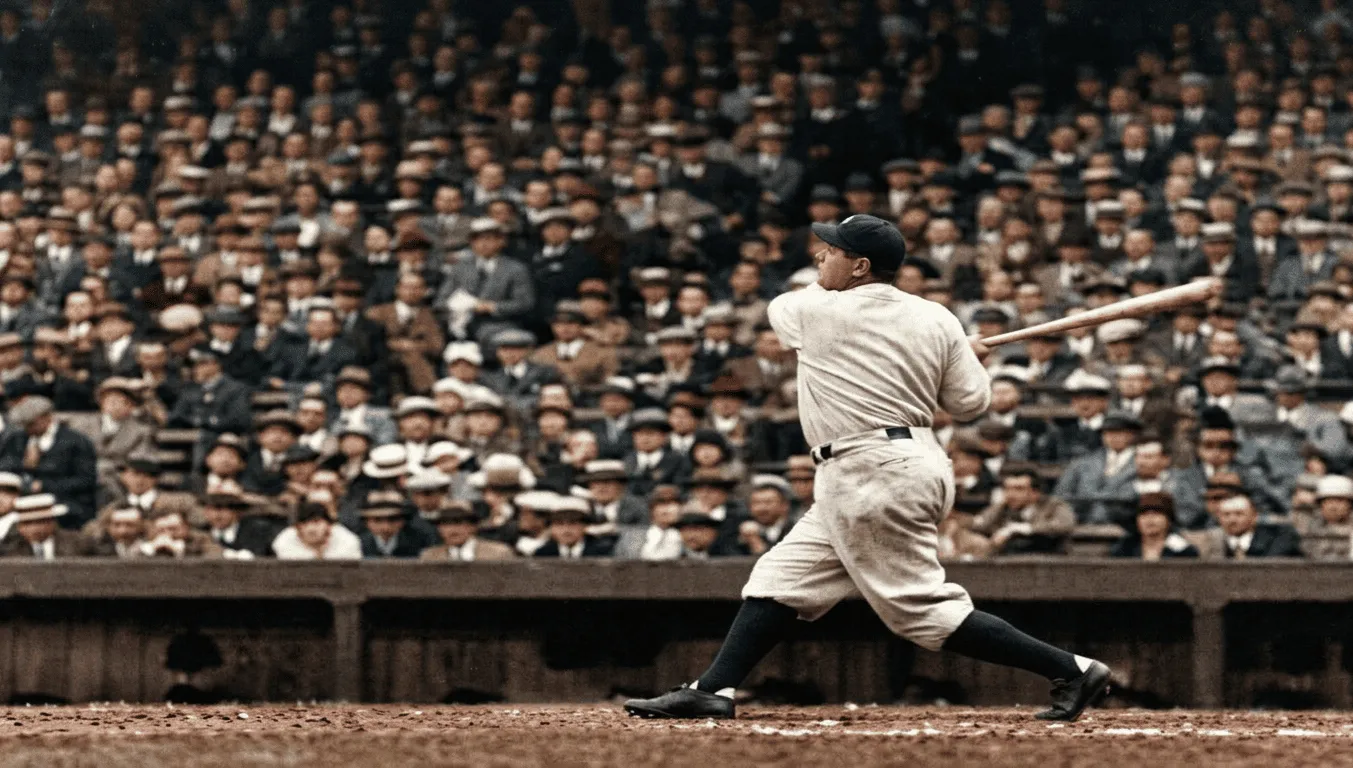 Babe Ruth hitting his famous home run after he called it. Was it a myth of fact? Colorized and improved using Google Gemini