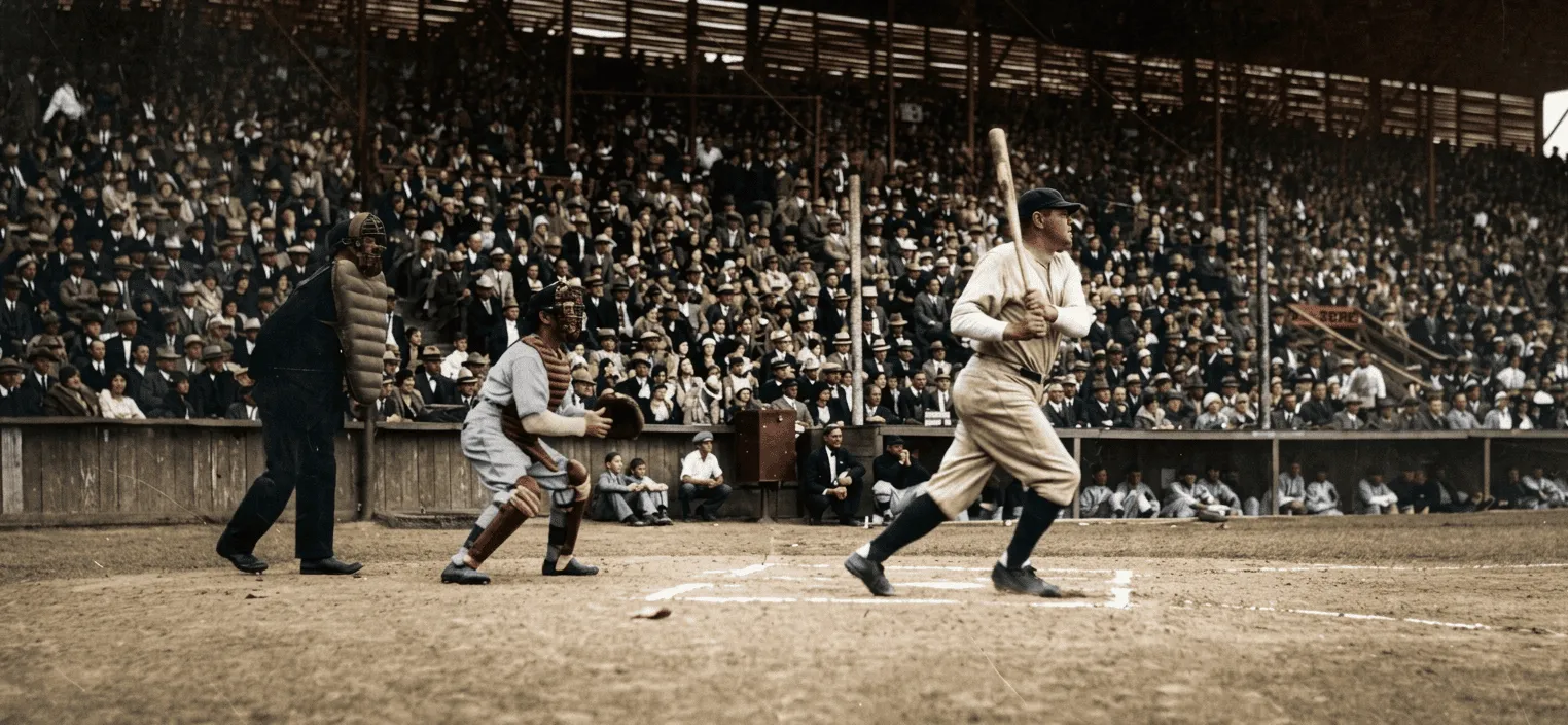 Babe Ruth admiring a long ball hit before rounding the bases. Colorized by Google Gemini