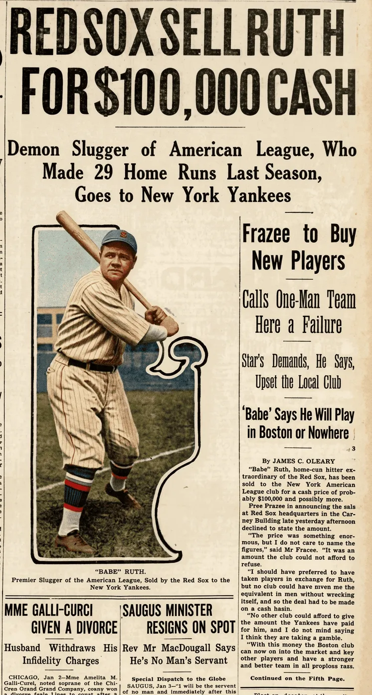 Newspaper of Babe Ruth Traded to the Yankees from the Red Sox. Colorized by Google' Gemini