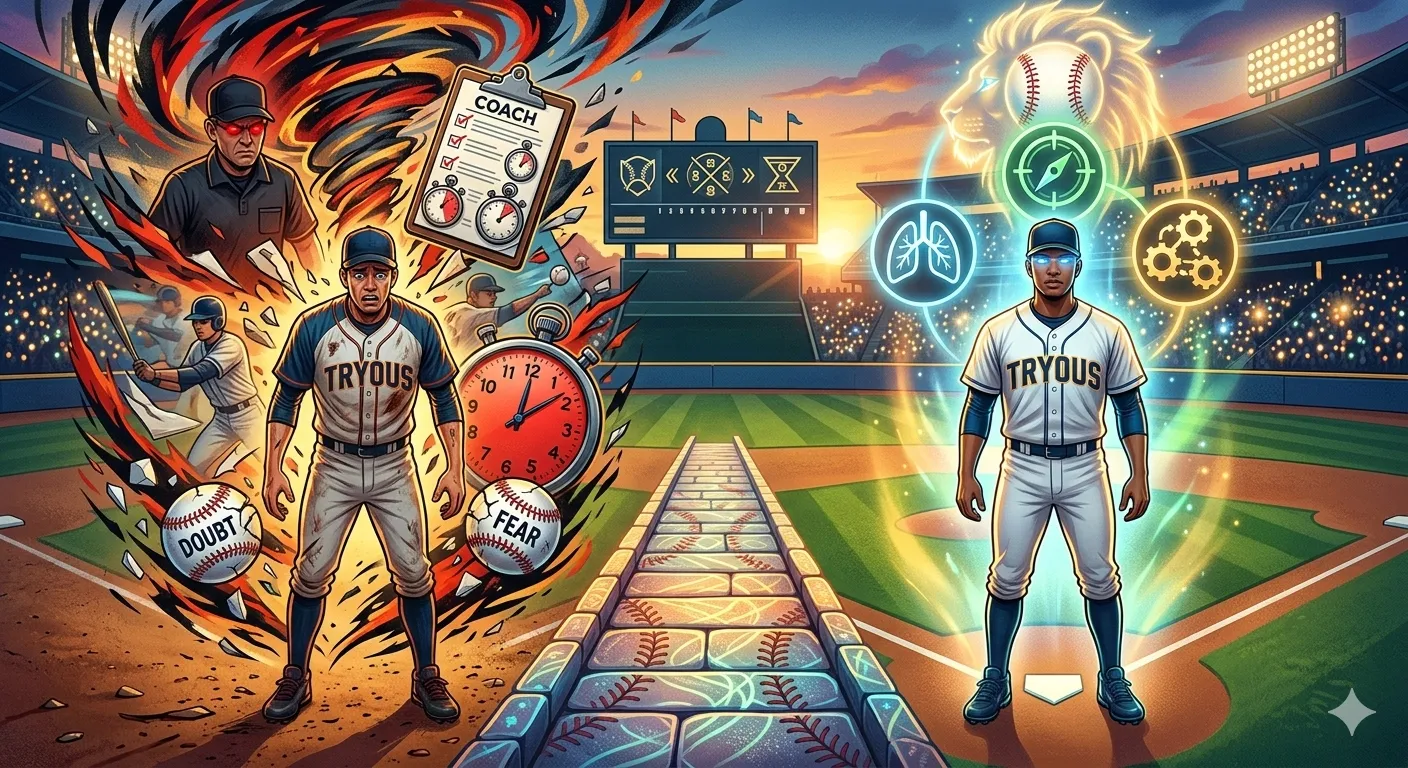 Drawing of two sides of mental toughness. Each side has a man starting at you. On one side he's strong and confident. In the other he's afraid.