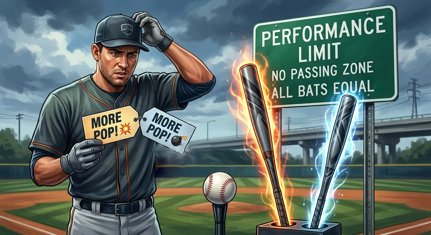 A dramatic sports illustration of two modern baseball bats standing side-by-side underneath a large highway-style speed limit sign that reads "PERFORMANCE LIMIT." Both bats appear nearly identical in power, with equal glowing energy effects around them. In the foreground, a confused player is comparing marketing labels that say "MORE POP!" while ignoring a batting tee and baseball. Clean, high-end sports magazine style, realistic lighting, shallow depth of field, bold colors, professional editorial artwork.
