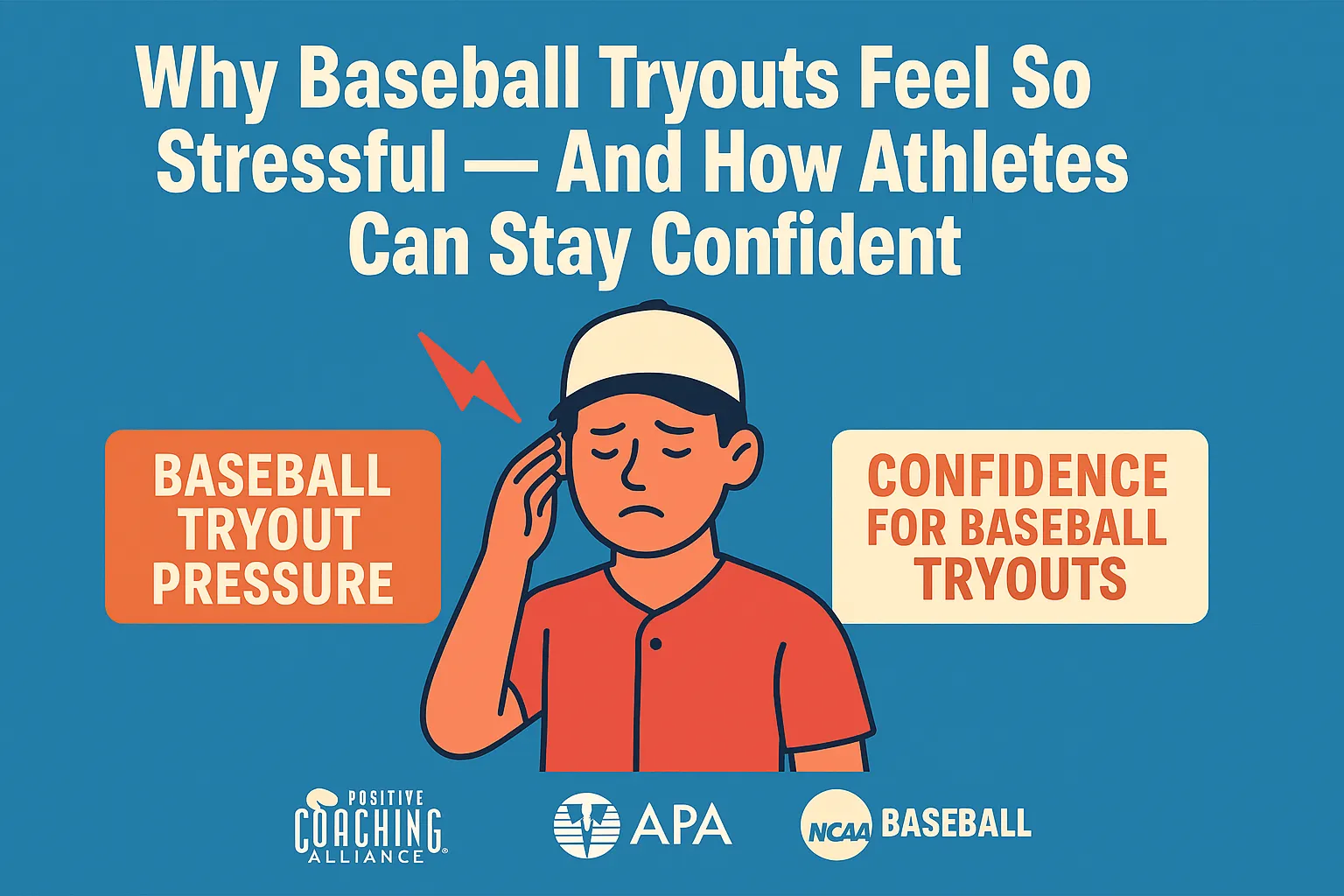 Picture of a baseball player feeling stressed with the words "Why Baseball Tryouts Feel So Stressful — And How Athletes Can Stay Confident"