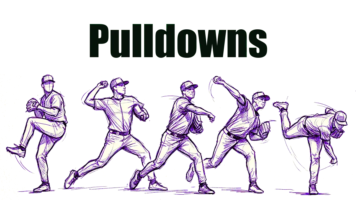 Blue ink drawing of the stages of a baseball pulldown. Showing the gather, load, separation, release, and follow-through