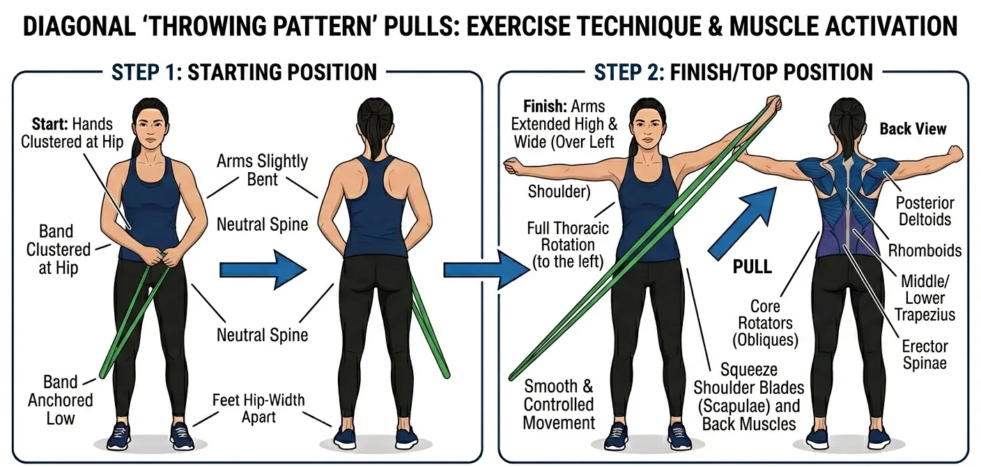 Diagram showing how to do thowing-pattern with exercise bands. Woman standing with hand by hip, pull across your body, and up like you’re zipping up a giant jacket.
