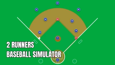Baseball simulator field diagram showing two runners on base, with red markers on first and second base and defensive players positioned around the infield and outfield.